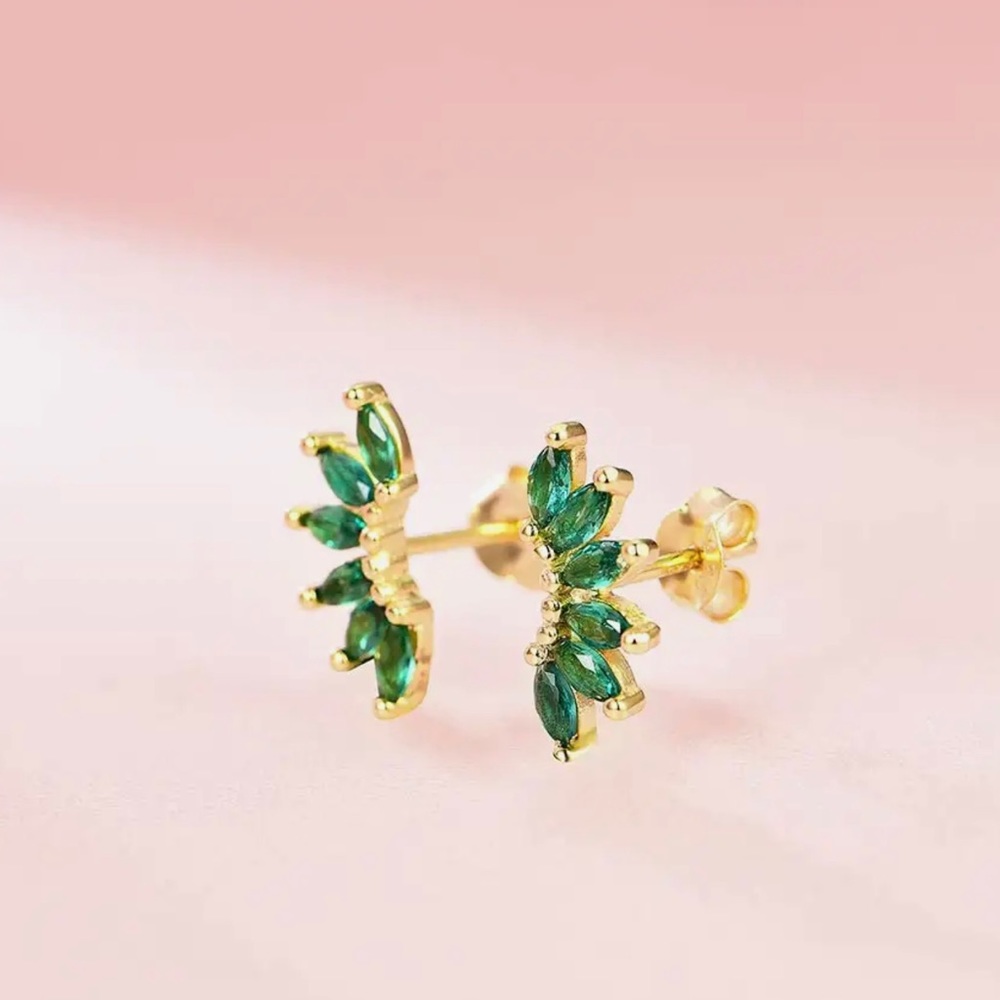 Gold Emerald Crown Shape Stud Earrings